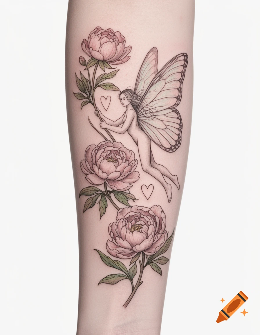 A delicate mini-realistic tattoo on an arm, featuring a winged fairy holding a vine with pink peonies and small hearts.
