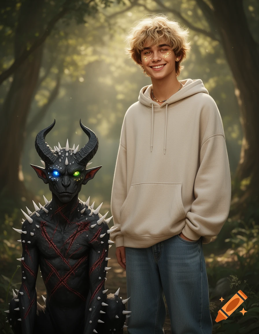 A smiling young man with blonde curly hair stands next to a black spined devil with glowing eyes in a forest. Photorealistic.