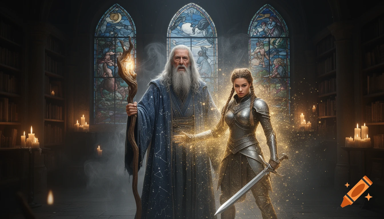 A wise old wizard with a glowing staff and a fierce female warrior in silver armor with a sword, surrounded by golden particles in a dimly lit library with stained glass windows.