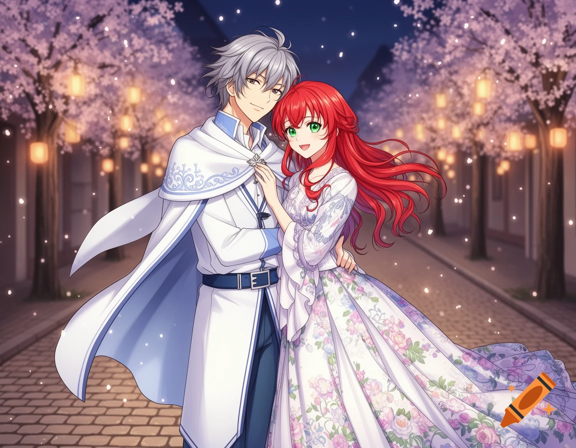 An anime couple with silver and red hair embrace under cherry blossom trees and glowing lanterns on a street at night.