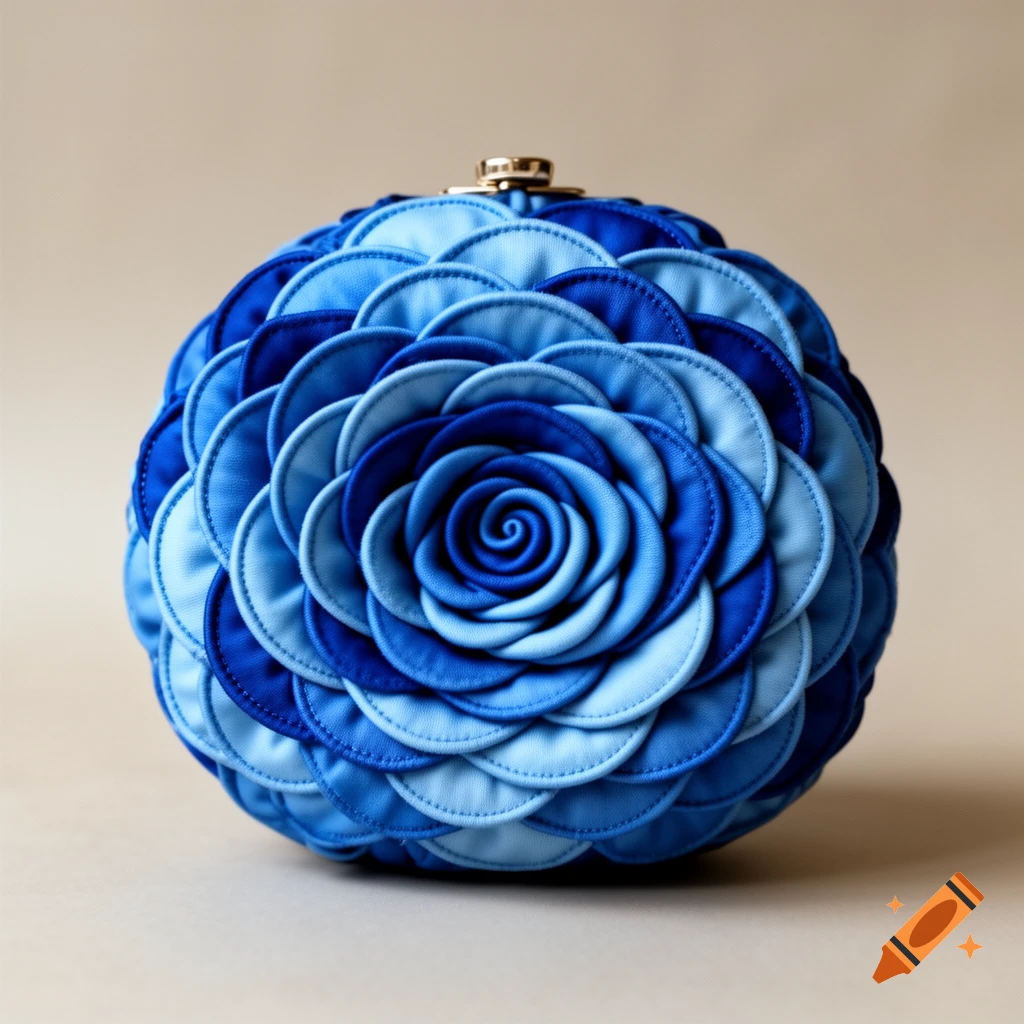 A round blue fabric purse with layers of scalloped fabric arranged in a rose pattern, featuring shades of light and dark blue.