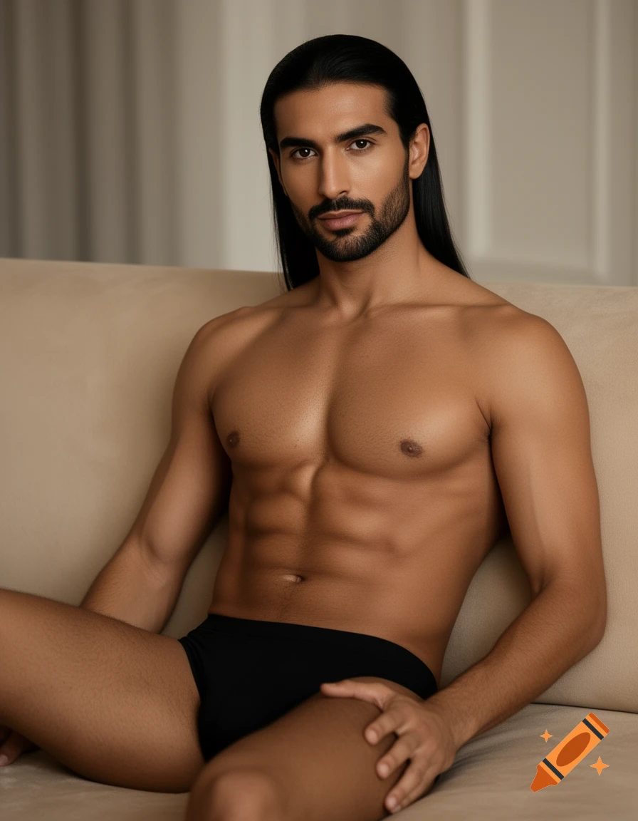 Photorealistic portrait of a fit man with long dark hair and a beard, wearing black underwear and sitting on a light couch.