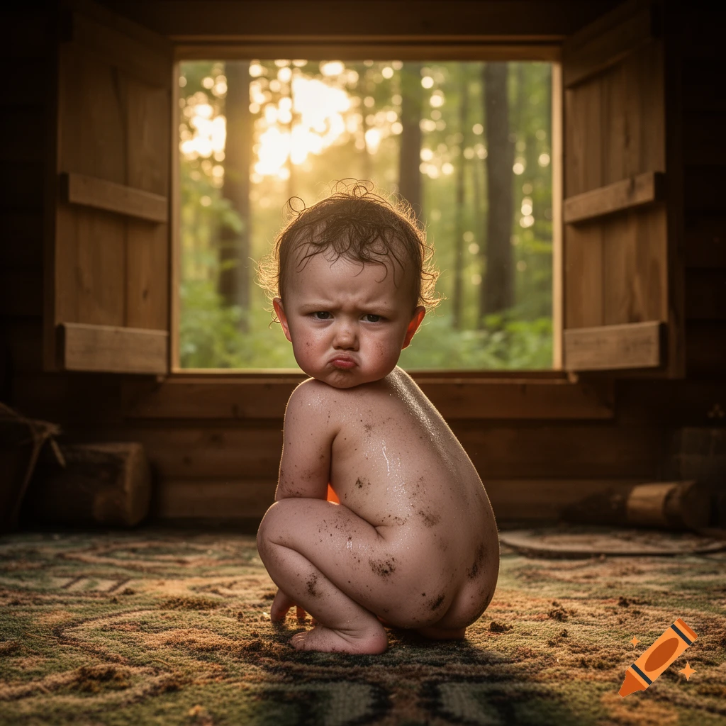 A dirty, sulking baby hunkers on a rustic rug, looking over their shoulder, with a sunny forest visible through a window.