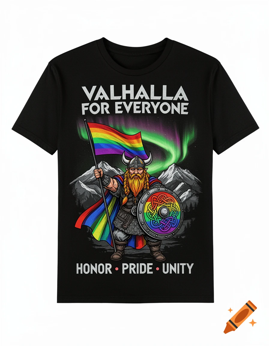 Black t-shirt with a cartoon Viking in a rainbow cape holding a Pride flag and shield, with 'VALHALLA FOR EVERYONE' and 'HONOR PRIDE UNITY' text.