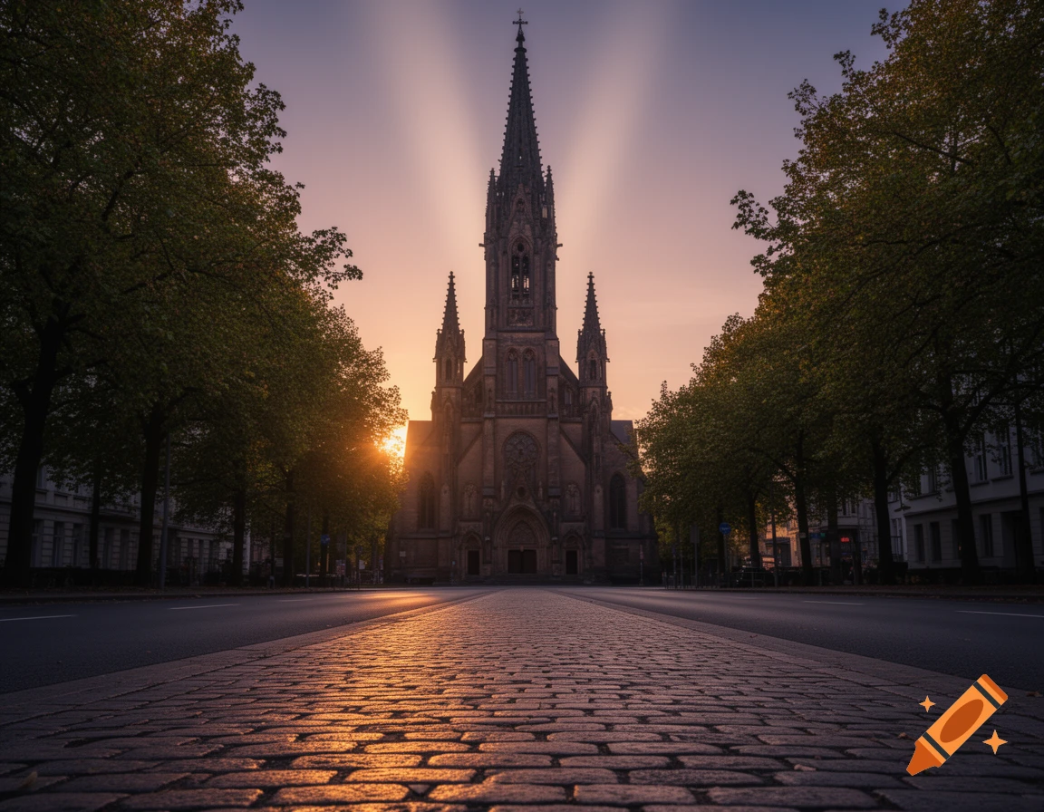 A grand church with a tall spire at the end of a cobblestone street, bathed in the golden light of sunset with dramatic light rays.