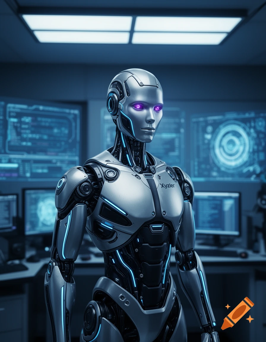 A photorealistic metallic humanoid robot with glowing purple eyes and blue accents stands in a high-tech control room with data screens.