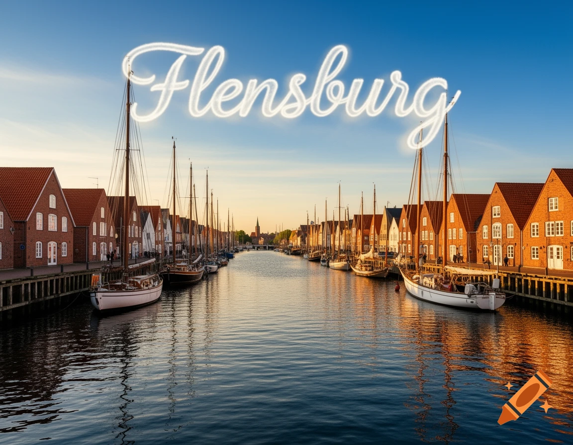 Photorealistic Flensburg harbor with boats along red-roofed buildings and 'Flensburg' glowing in the blue sky.