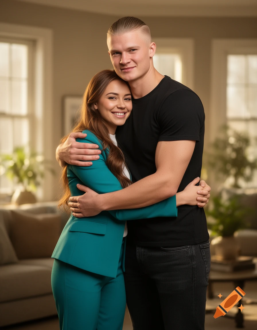 A smiling man with a shaved head and a woman with long brown hair hug in a bright, modern living room.