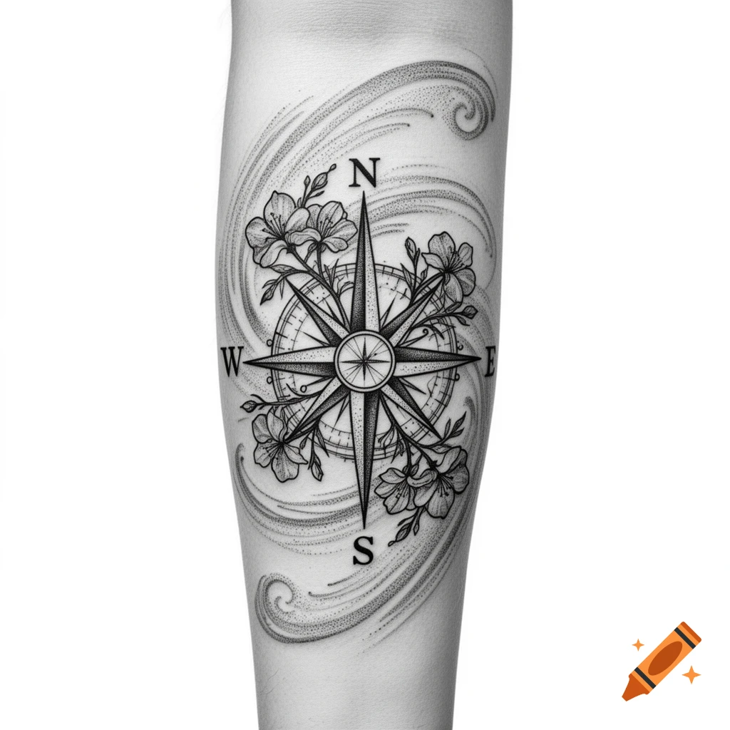 Black and white tattoo of a compass rose with 'N', 'S', 'W', 'E' directions and floral elements, on an arm.