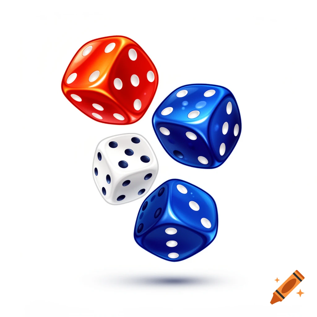 Cartoon style illustration of red, white, and blue dice tumbling against a white background with shadows.