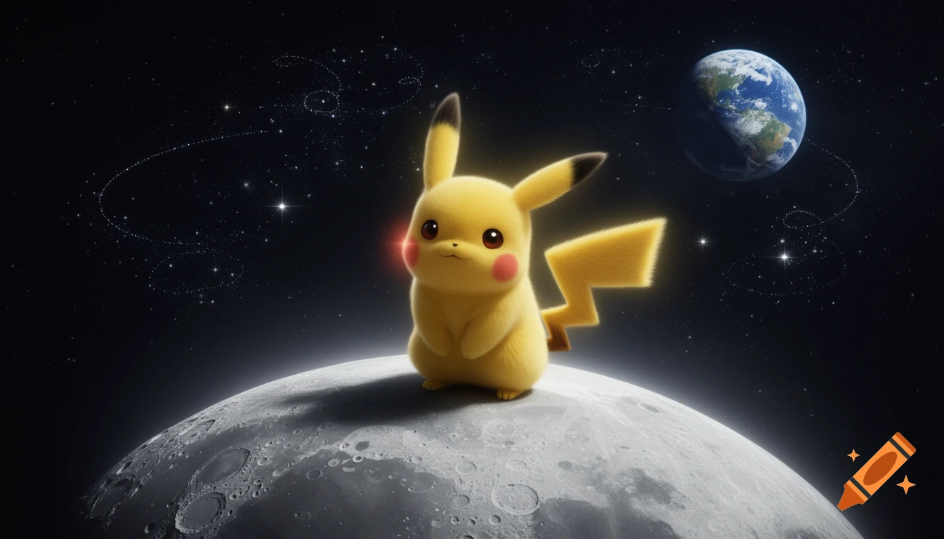 A cute, fluffy Pikachu stands on the surface of the moon, looking towards the viewer, with Earth and stars in the background.