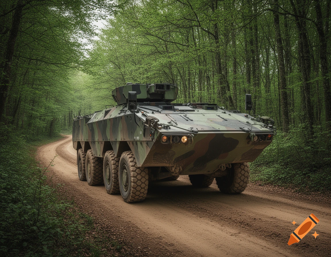 Photorealistic image of a camouflaged military armored personnel carrier on a dirt road winding through a green forest.