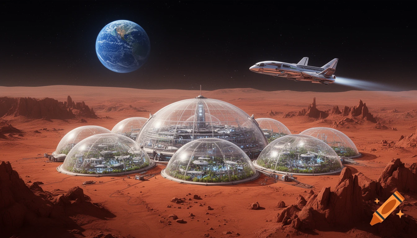 Cinematic, photorealistic view of a futuristic human colony under domes on Mars, with a spacecraft approaching and Earth visible in the night sky.