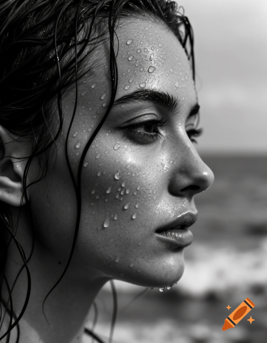 Black and white close-up of a woman's wet face in side profile, water droplets on skin, blurred ocean background.