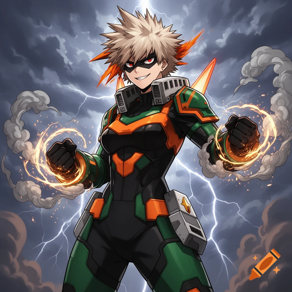 Anime-style female Bakugo in a green and orange hero suit, hands glowing with explosions, against a stormy lightning sky.