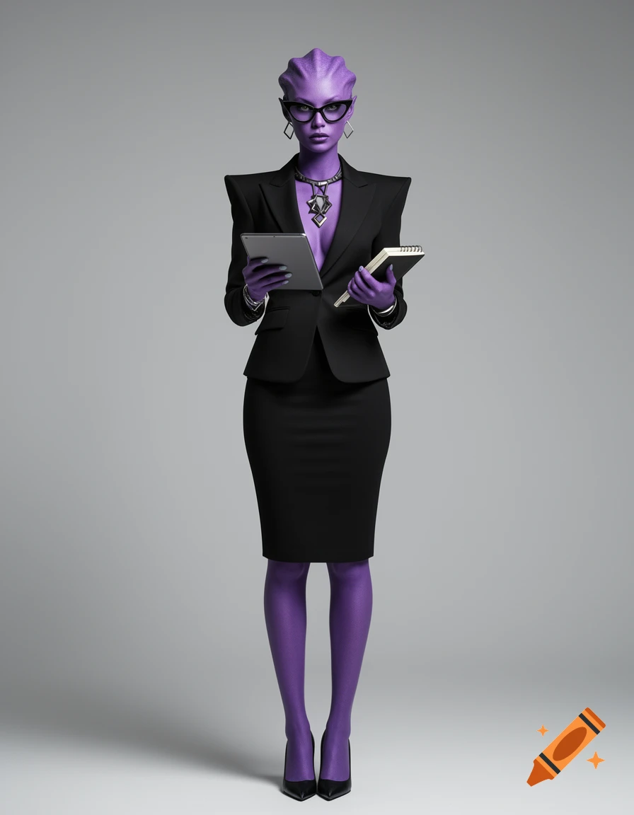 Photorealistic portrait of a purple-skinned alien woman in a black business suit, cat-eye glasses, and geometric jewelry, holding a tablet and notebook.