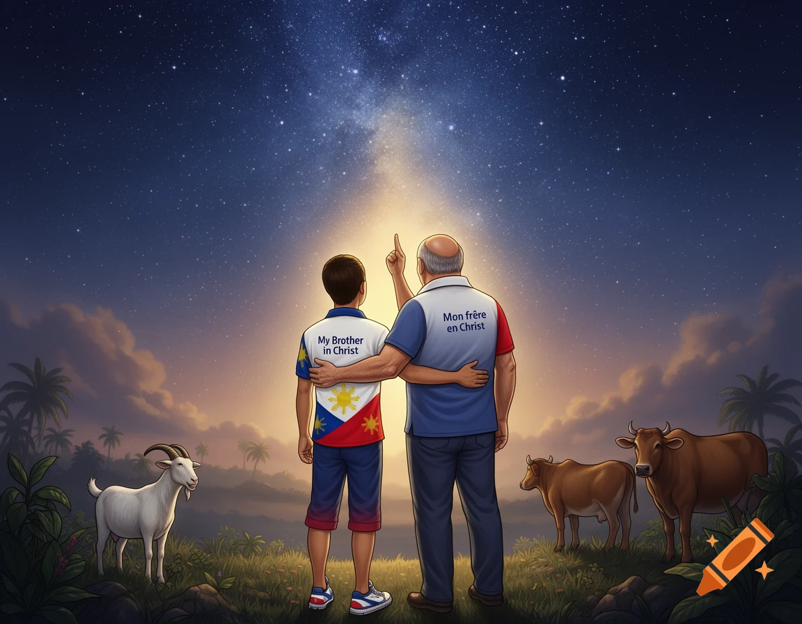 A stylized illustration of two men, one younger and one older, embracing and looking at a starry sky. They wear shirts with flags and religious text, in a field with a goat and cows.