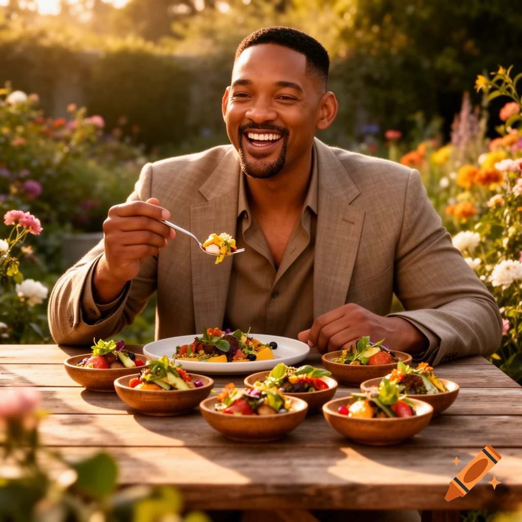 Will Smith smiles while eating a healthy meal outdoors at a wooden table in a sunny, blooming garden.