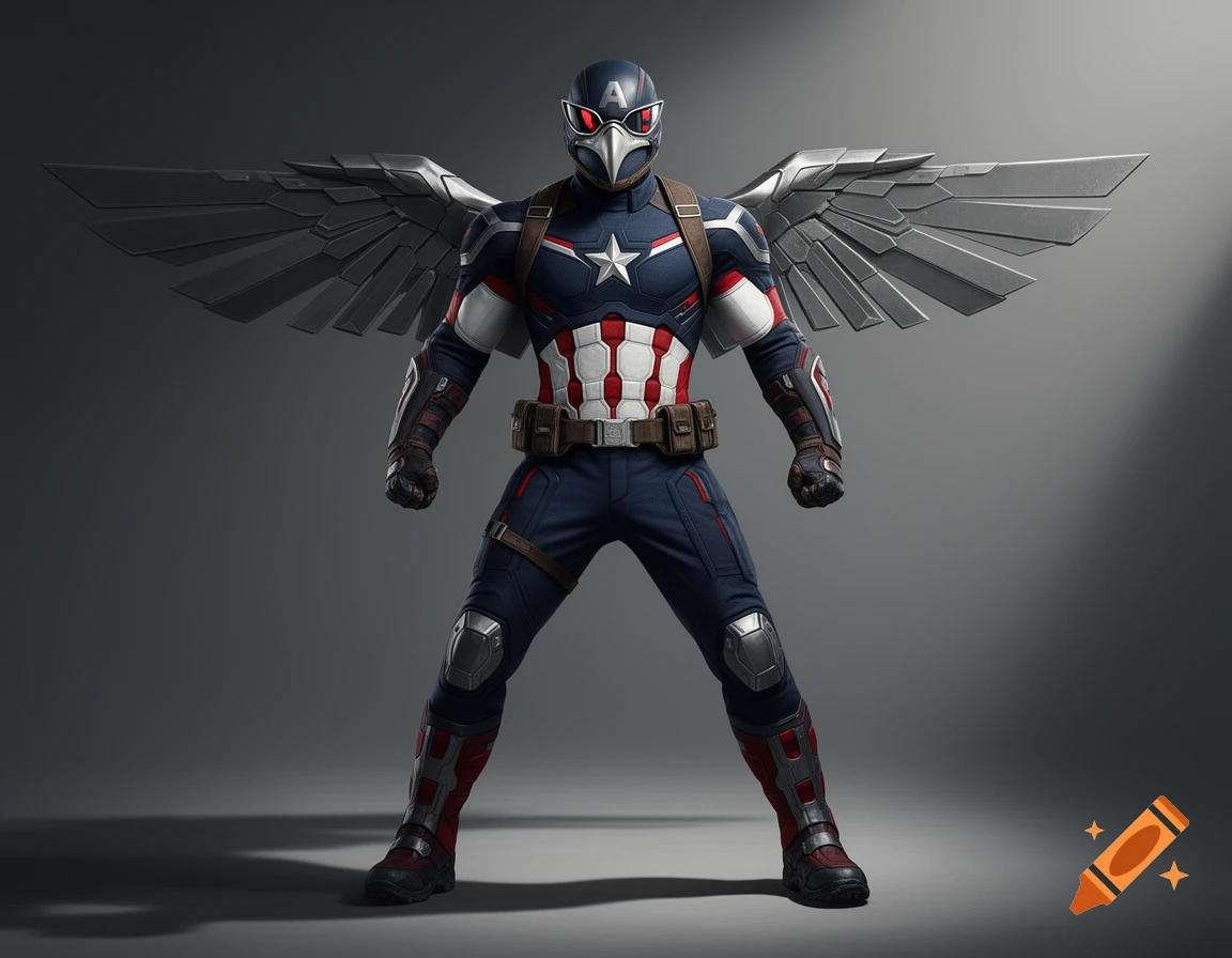 Captain America-inspired superhero in a detailed blue, red, and white combat suit with an eagle helmet and metallic wings, photorealistic concept art.