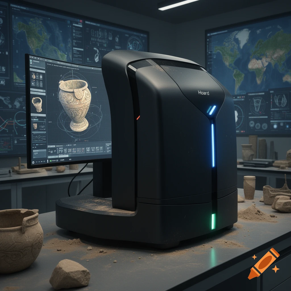 A photorealistic archaeology computer system named Hoard on a dusty lab desk with ancient pottery, displaying a 3D pot model on its screen.