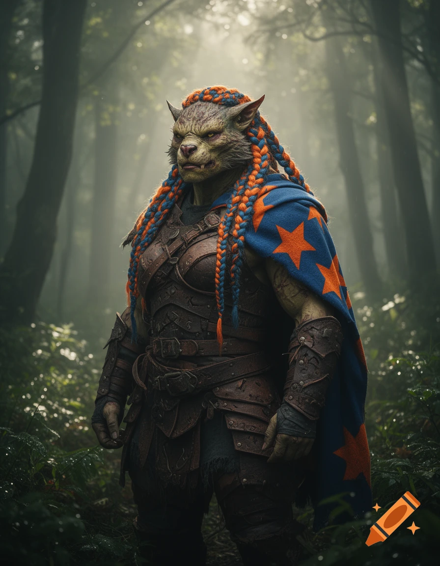 A fierce bugbear with green skin and orange and blue braids, clad in ornate leather armor and a blue star-patterned cloak, stands in a misty forest.