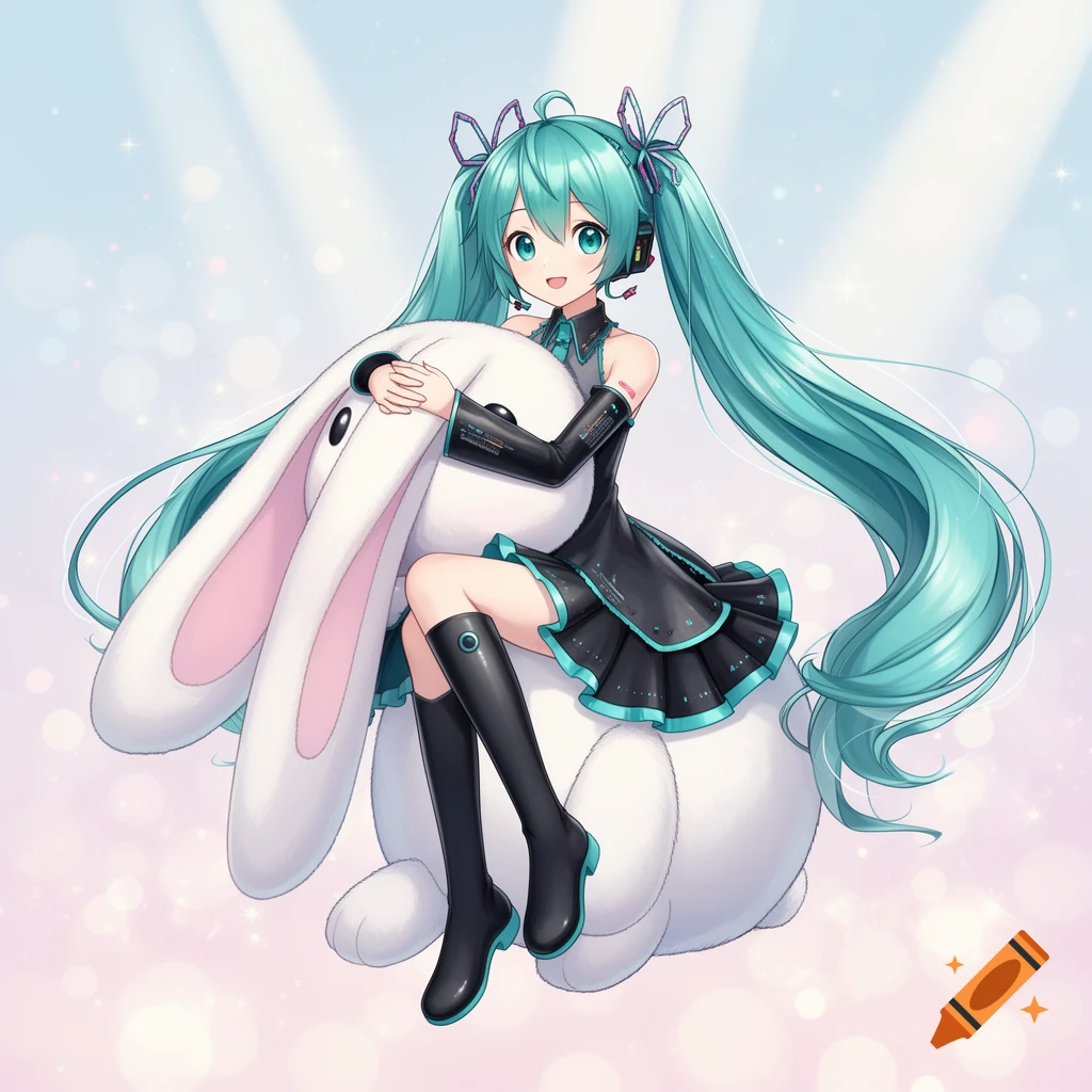 Hatsune Miku, an anime girl with long turquoise pigtails, sits happily on a giant white plush bunny.
