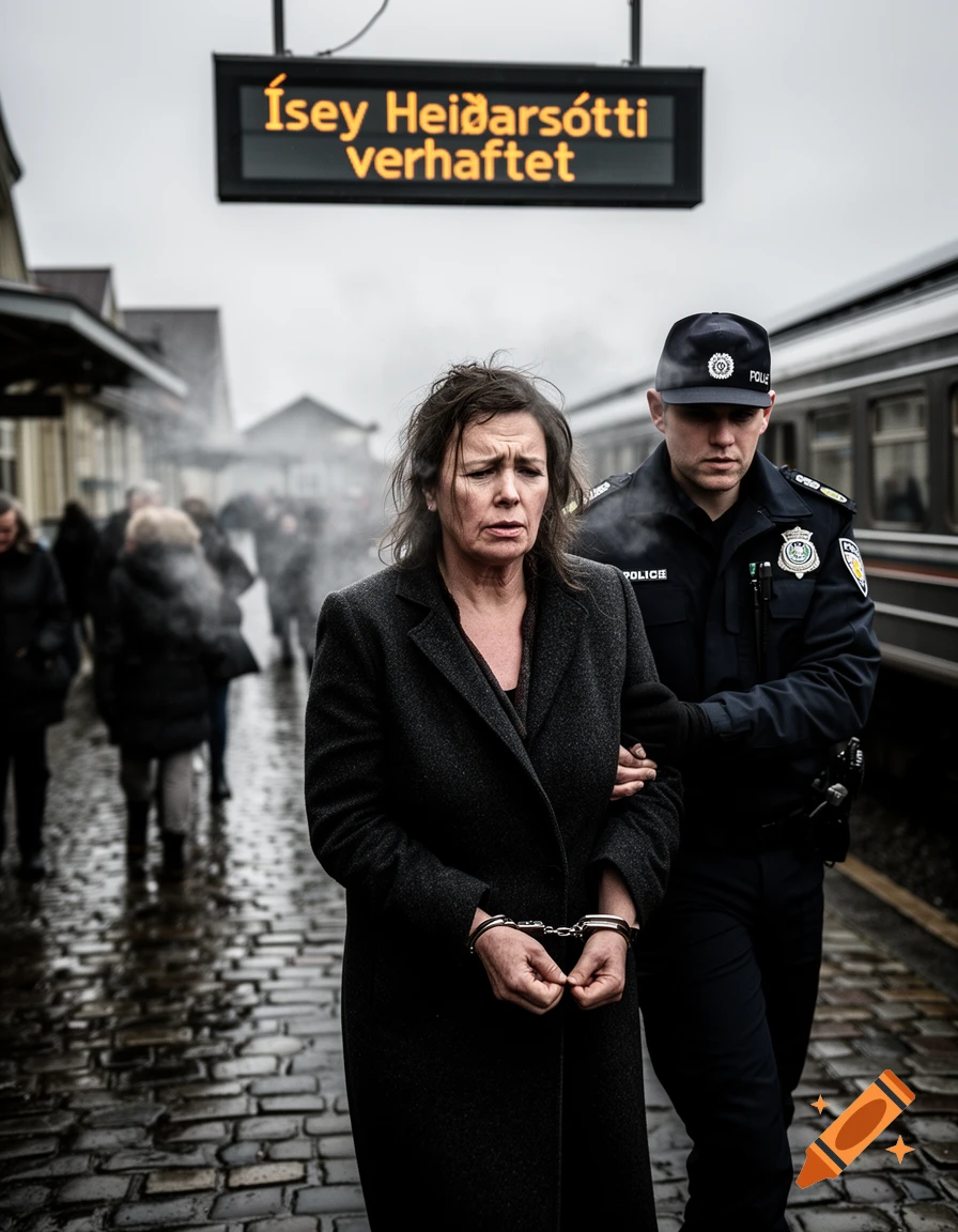 A somber woman in handcuffs is escorted by a police officer on a wet, cobblestone train station platform, with a train in the background.
