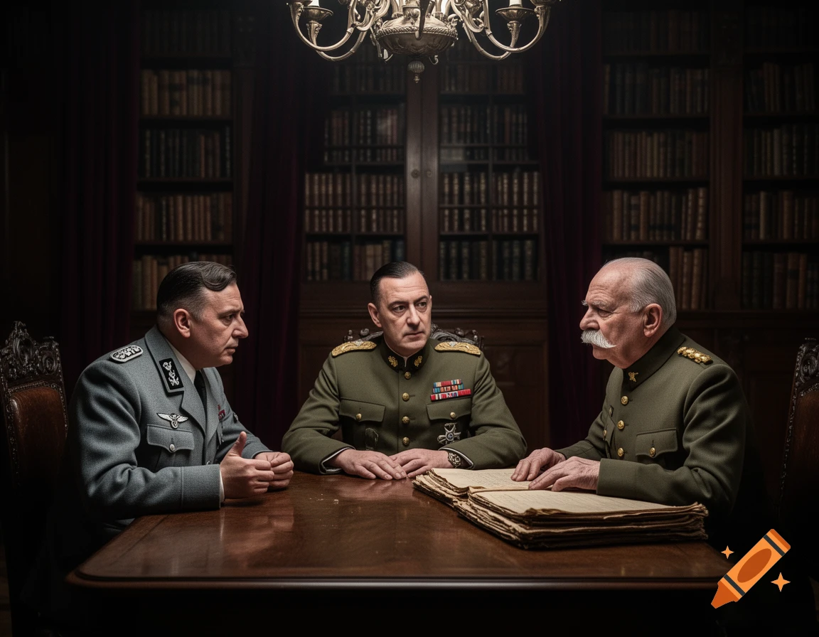 Three men in military uniforms sit at a large wooden table in a dimly lit room with bookshelves, in a photorealistic style.