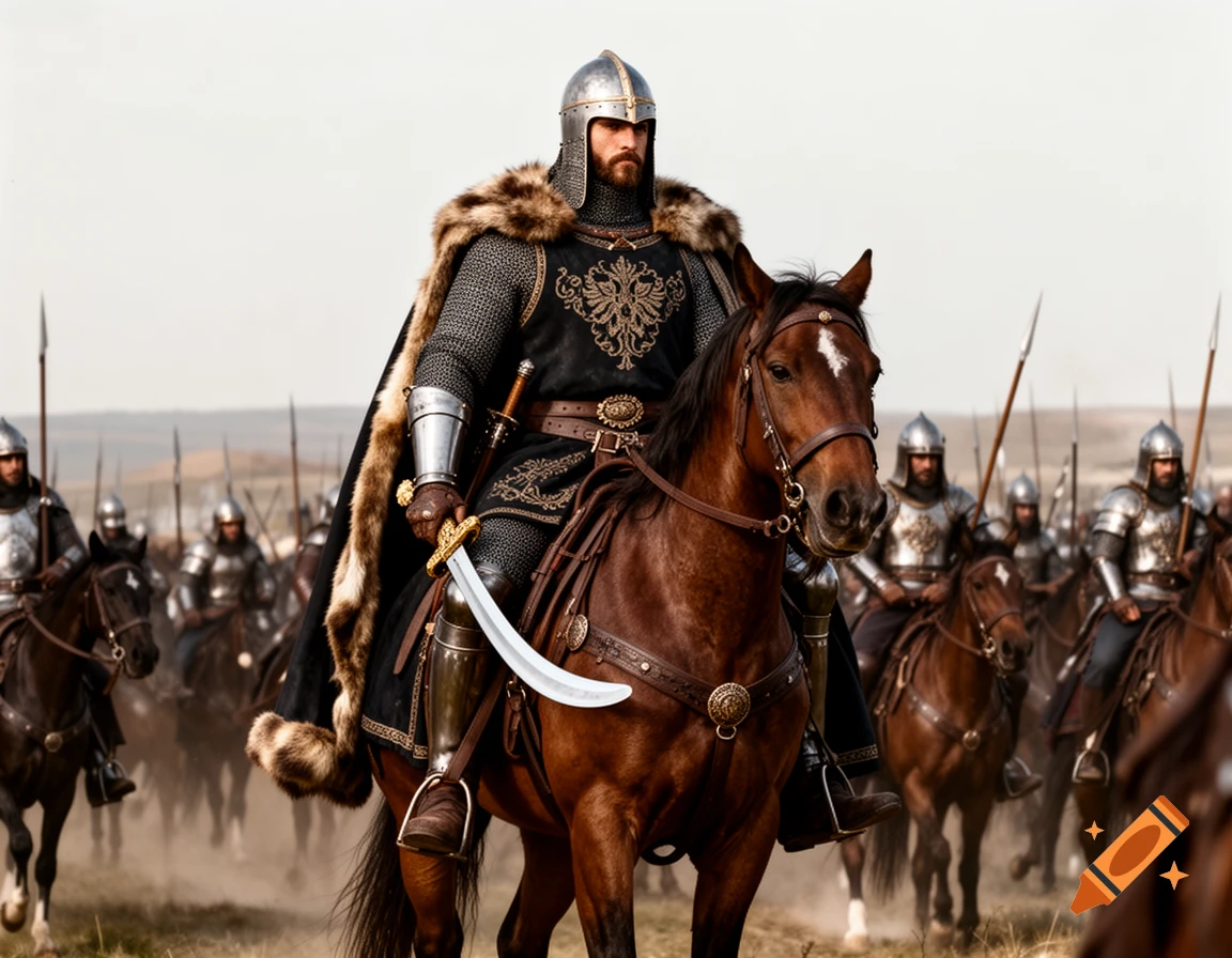 A bearded medieval cavalry commander on a warhorse leads an army of spearmen in a dusty field in a photorealistic style.