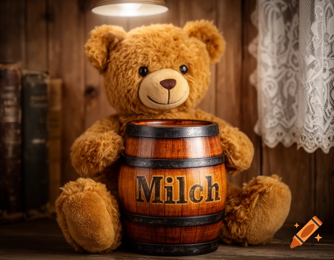 A fluffy brown teddy bear sits on a wooden surface, holding a small wooden barrel labeled "Milch" under a warm light.
