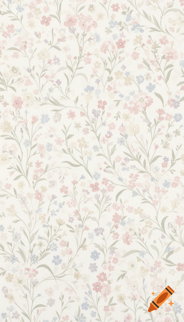A delicate, seamless floral pattern features small pink, blue, yellow, and lavender wildflowers with thin green leaves on a cream background, resembling luxury stationery.