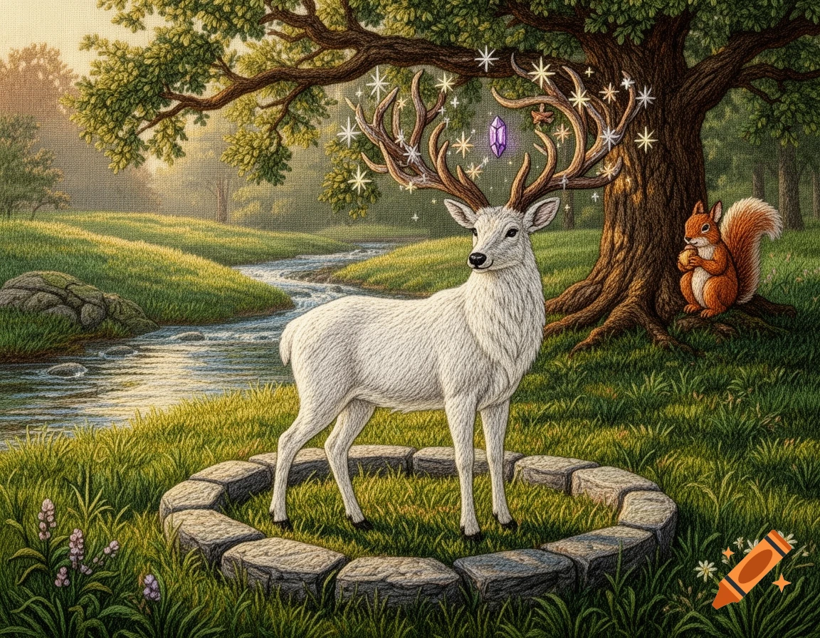 A white magical deer with starry antlers and a purple crystal stands in a stone circle in a forest with a stream, in historical embroidery style.