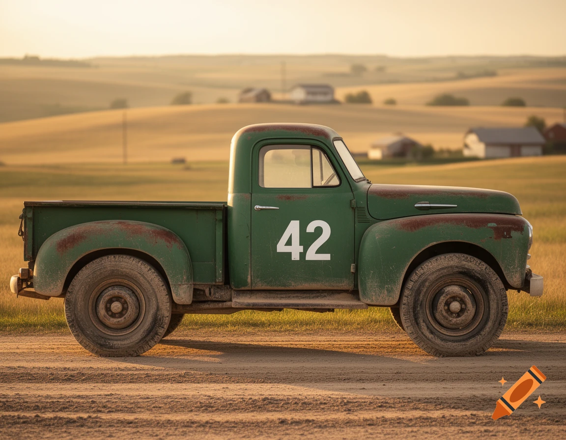 Photorealistic vintage green pickup truck with '42' on side, on a dirt road in a sunny rural landscape.