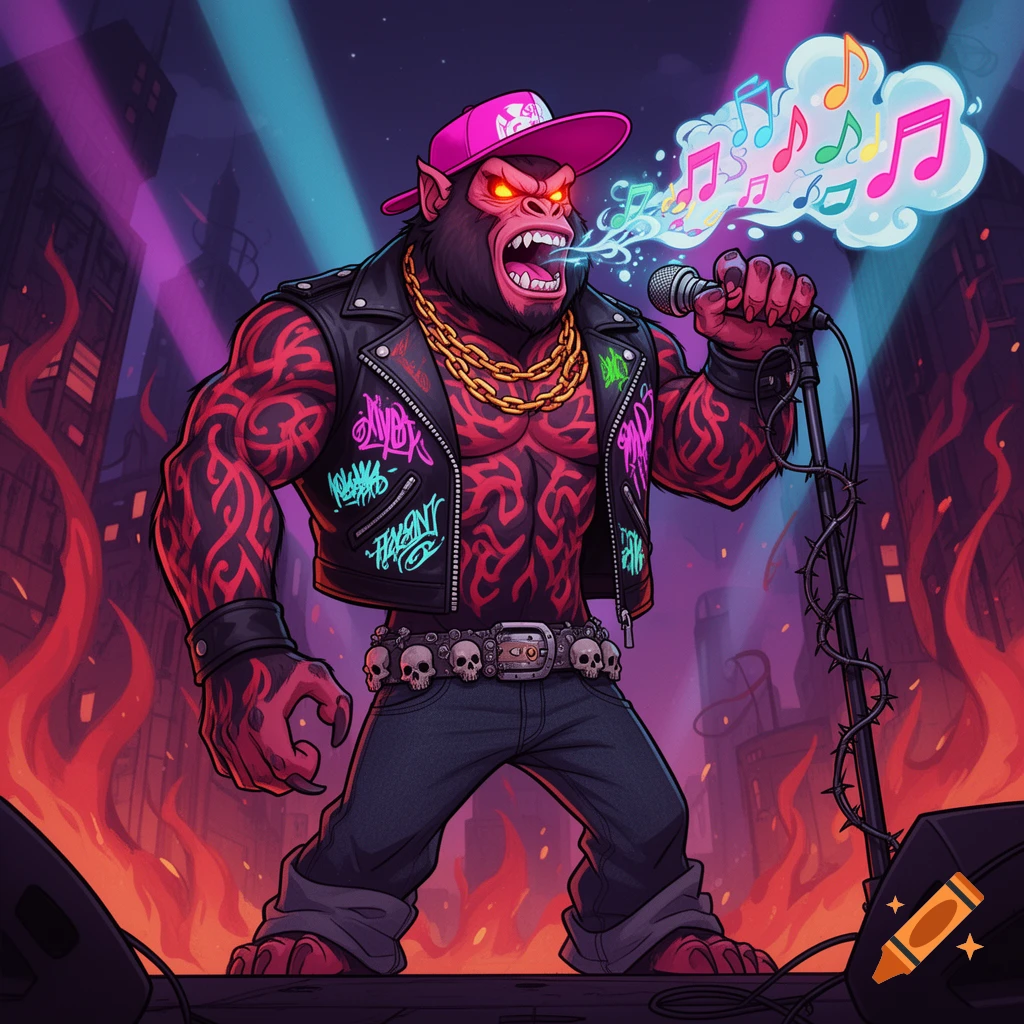 Stylized demon ape rapper with glowing eyes, pink cap, gold chain, and skull belt, singing into a mic with musical notes, in a burning city.