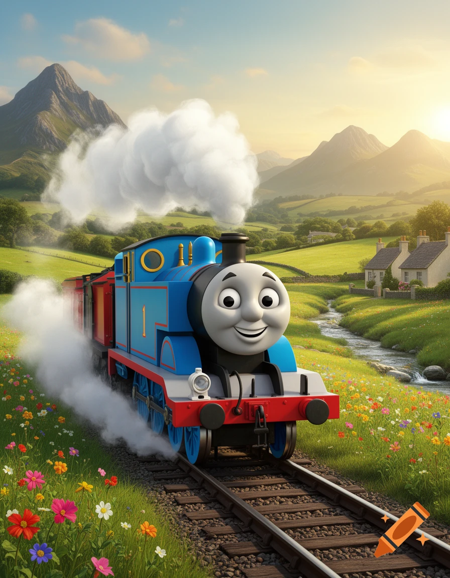 Thomas the Tank Engine travels on train tracks through a vibrant, flowery green landscape with mountains and houses under a sunny sky.