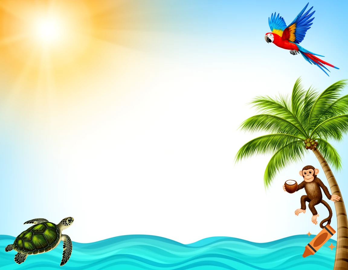 A colorful illustration of a sunny tropical beach scene with a flying parrot, a monkey holding a coconut on a palm tree, and a sea turtle in blue waves.