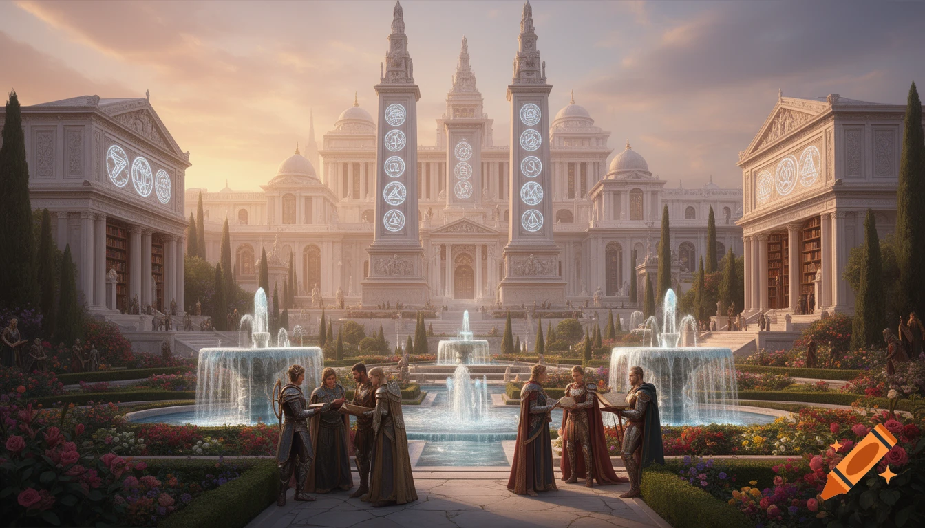 A grand, Roman-inspired fantasy city with white marble buildings, glowing symbols, tiered gardens, and illuminated fountains, with scholars and warriors in the foreground.