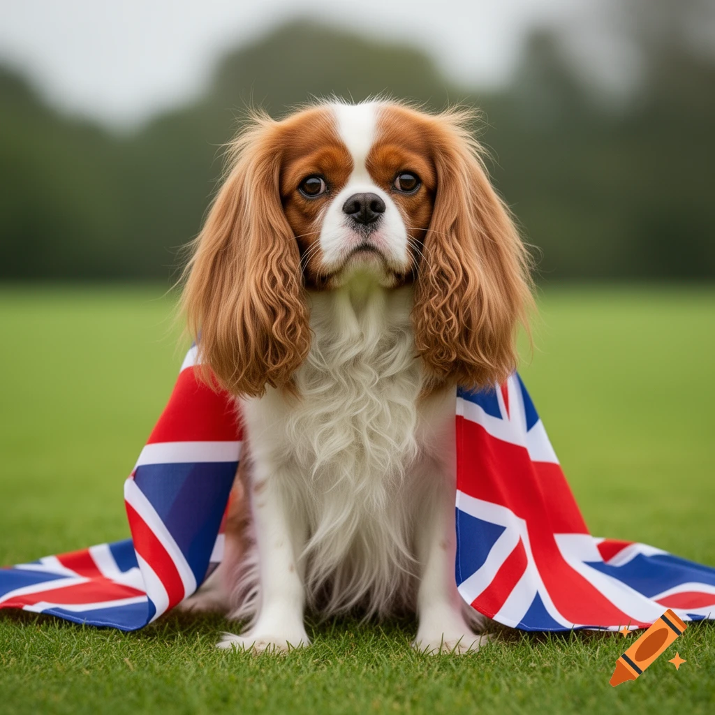 A cute Cavalier King Charles Spaniel dog wearing a Union Jack flag like a cape, sitting on green grass in a field.
