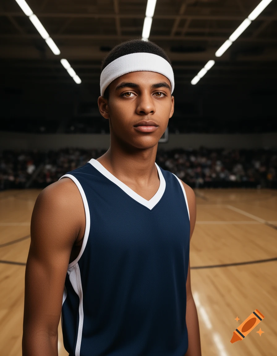 Photorealistic portrait of a young Black male basketball player in a navy jersey and white headband, standing on a court.