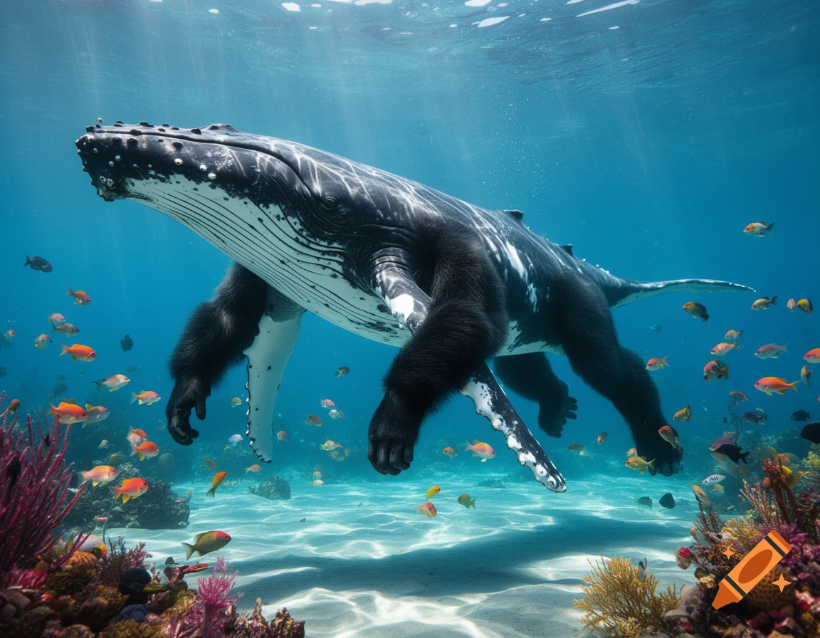 A photorealistic humpback whale with gorilla limbs swims in clear blue ocean water, surrounded by vibrant coral and small fish.