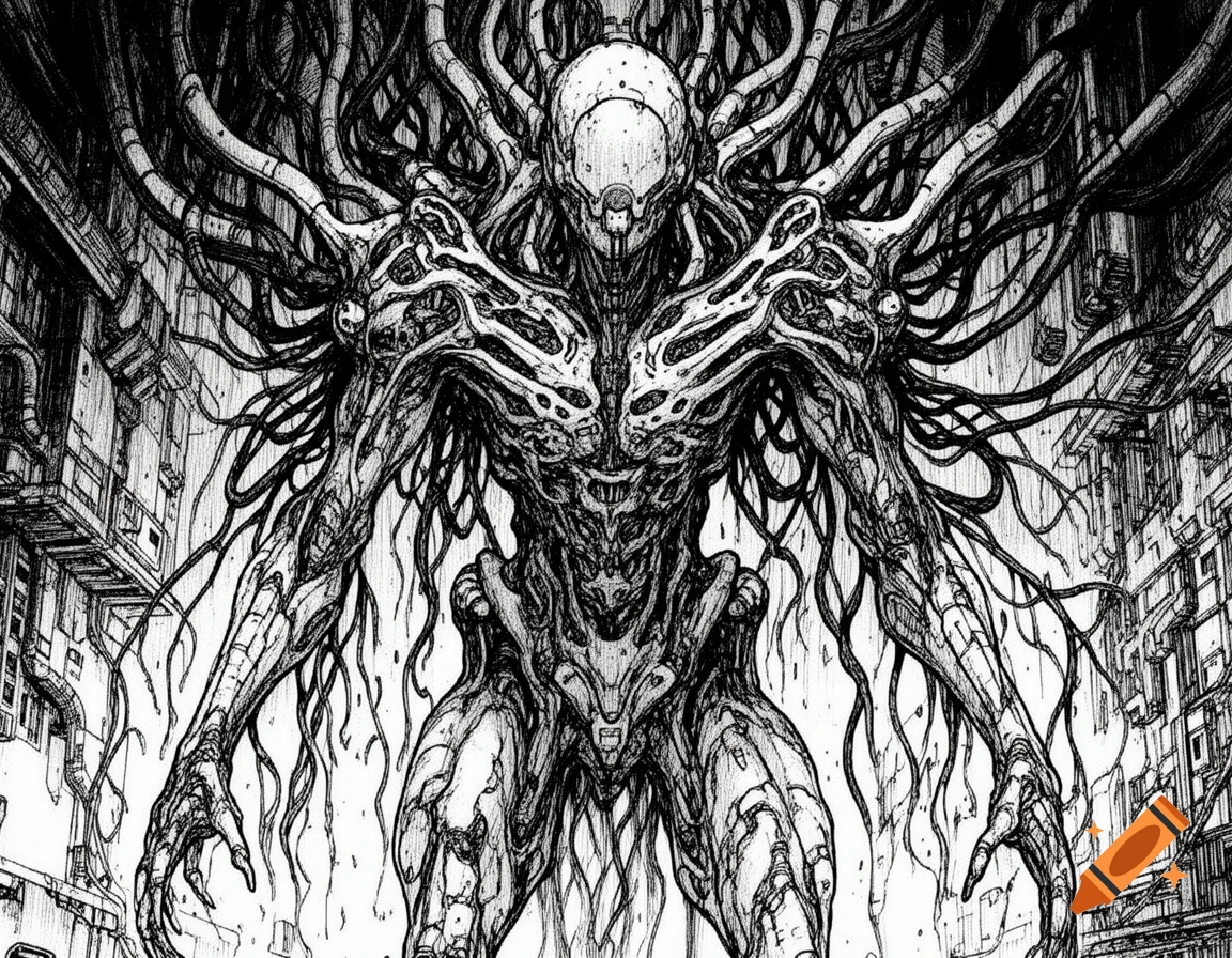 A black and white pen and ink manga-style illustration of a horrific, detailed cybernetic monster with obscured eyes and many cables.