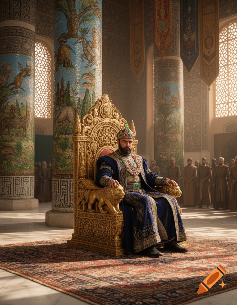 An elaborately dressed king in a blue and gold robe and jeweled crown sits on a golden throne in a grand hall.