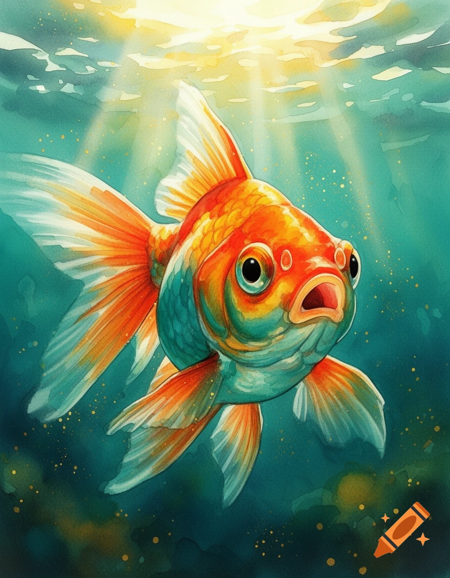 A vibrant digital watercolor painting of a wide-eyed goldfish with an open mouth, swimming in teal water with golden light rays from above.