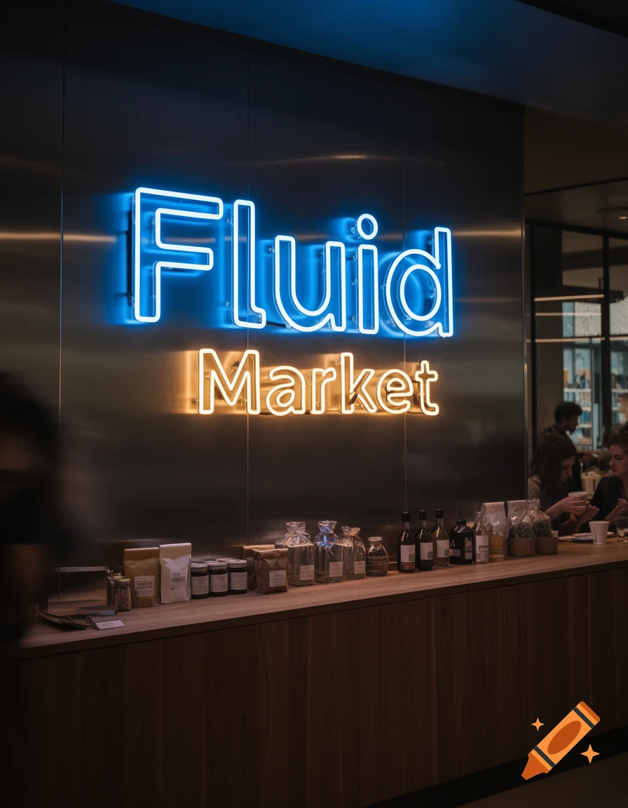A vibrant blue 'Fluid' and orange 'Market' neon sign illuminating a modern wooden counter with various products in a store.