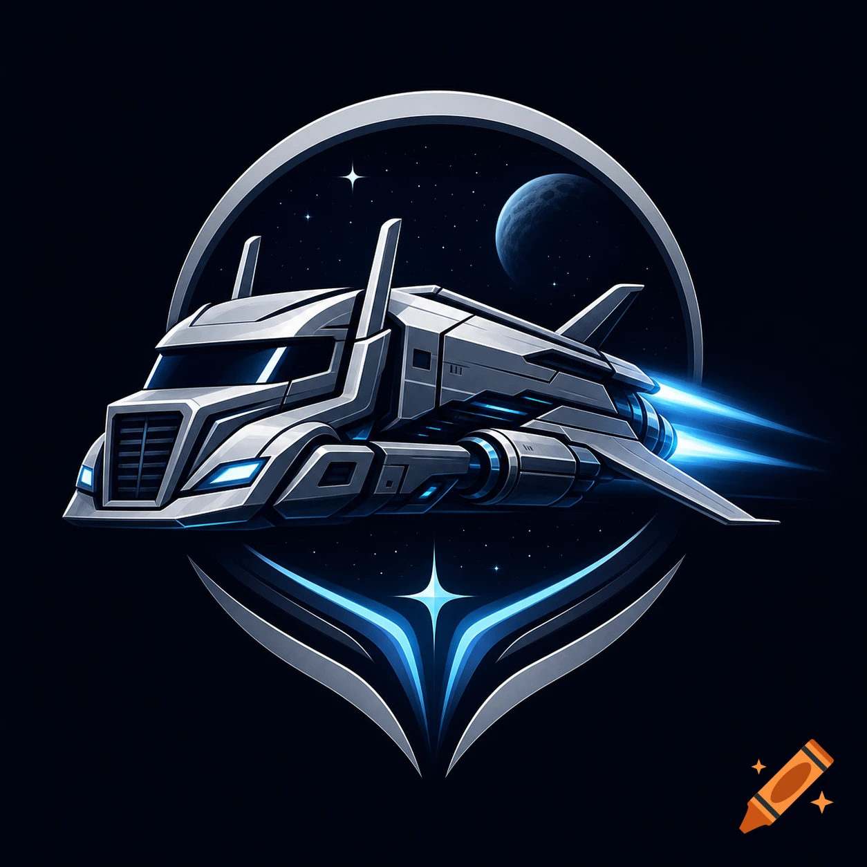 A logo featuring a silver futuristic space truck with blue thrusters, set against a dark starry sky with a crescent moon.