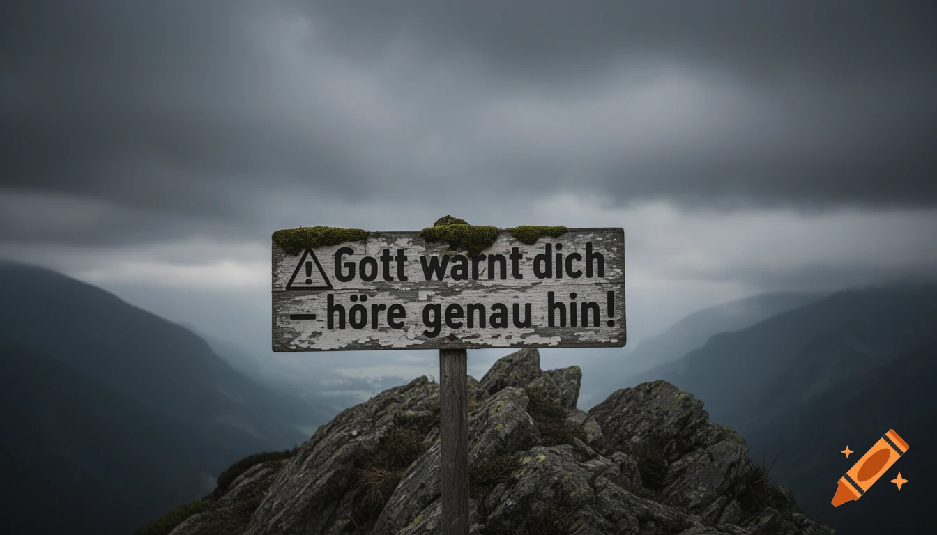 A weathered wooden sign on a rocky mountain peak reads '⚠️ Gott warnt dich – höre genau hin!' under a dark, cloudy sky.
