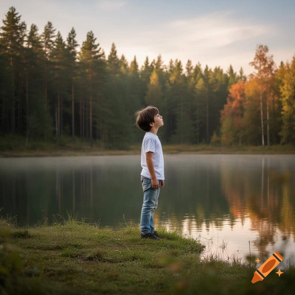 A young boy stands on a grassy bank by a calm lake, looking up at the sky. A dense forest borders the lake.