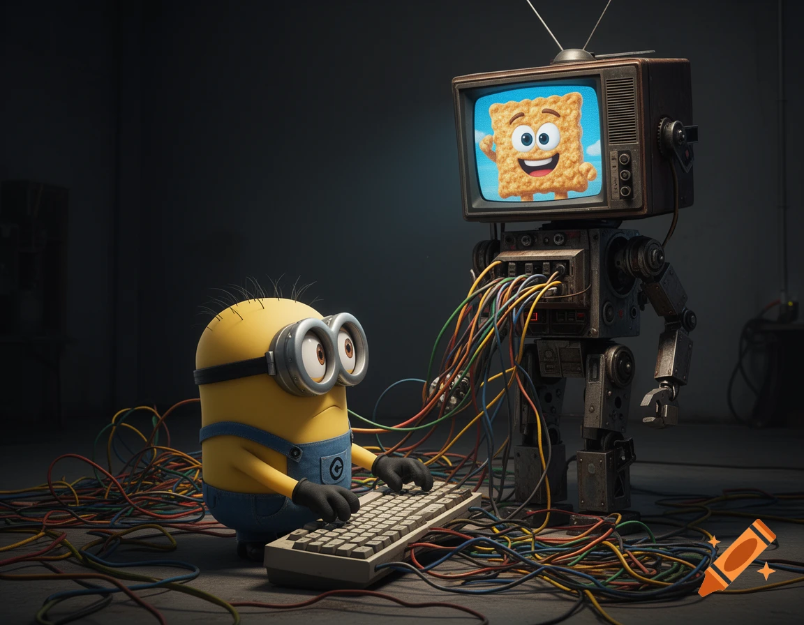 A Minion types on a keyboard surrounded by tangled wires as a robot with a TV head displays the Cinnamon Toast Crunch mascot.