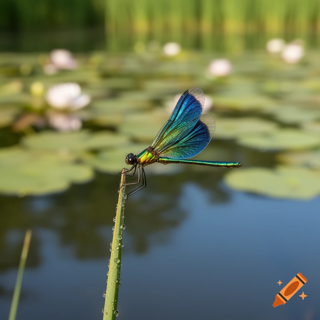 A vibrant blue and green dragonfly with iridescent wings perched on a dewy green reed above a pond with blurred water lilies.