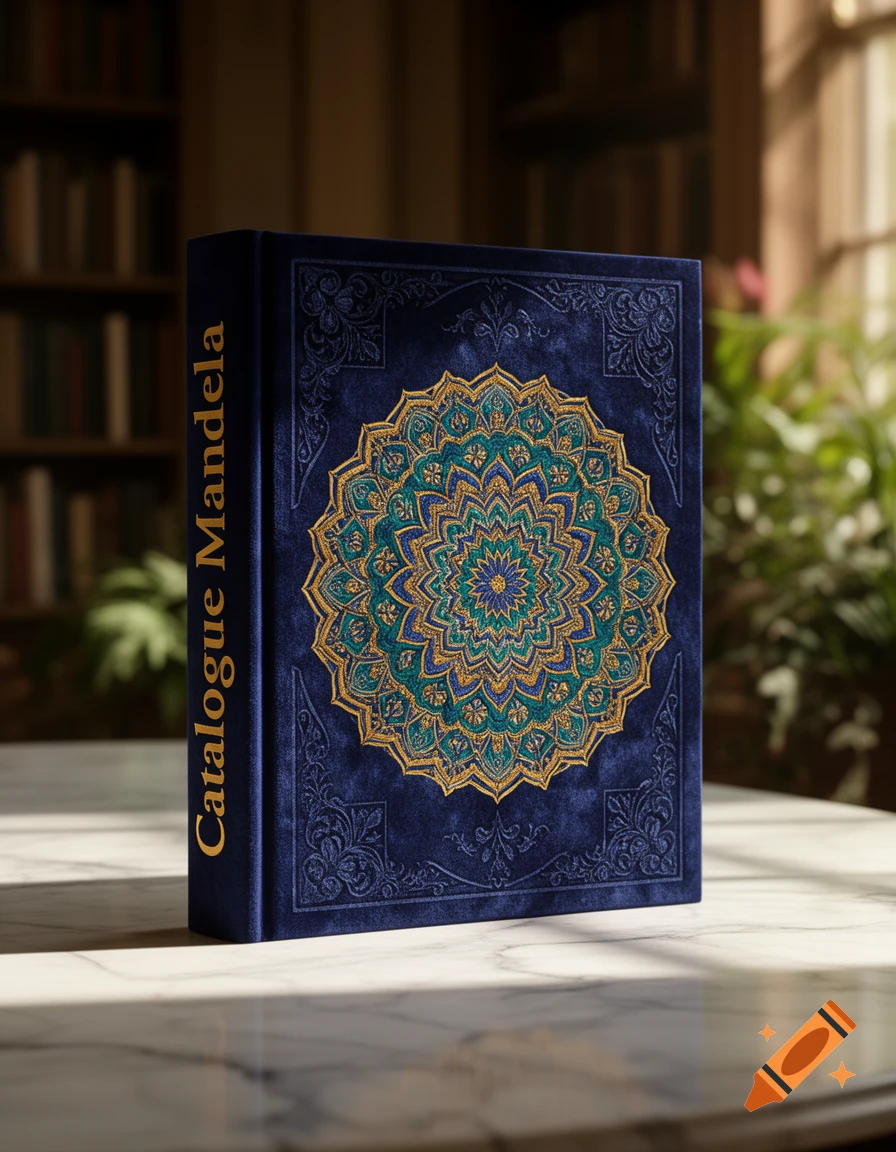 A dark blue velvet book with a gold, blue, and green mandala design on its cover, and "Catalogue Mandela" text on the spine, sits on a marble table in a study.